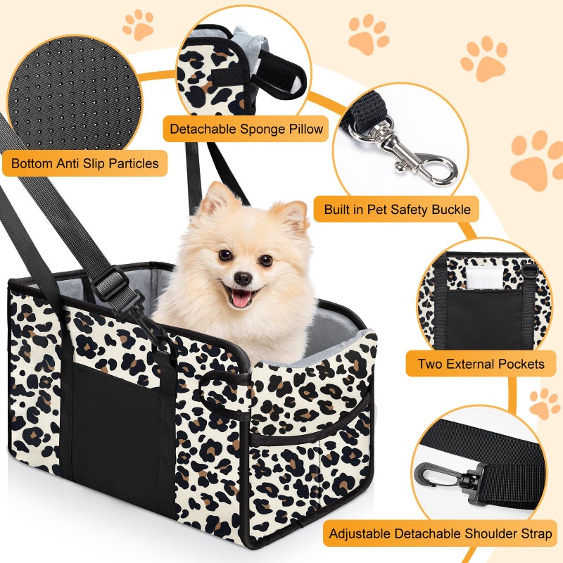 NECKORY Portable Dog Car Seat for Small Dogs - Adjustable Safety Leash, Washable Cushion & Storage Pocket - Pet Booster Seat for Car Travel- Leopard - Image 3