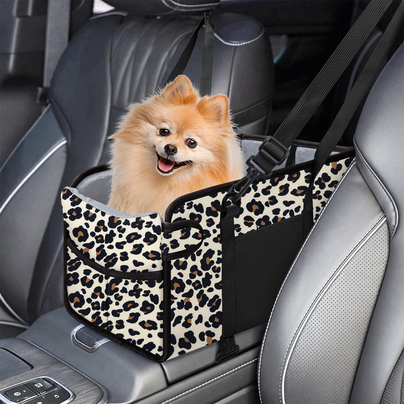 NECKORY Portable Dog Car Seat for Small Dogs - Adjustable Safety Leash, Washable Cushion & Storage Pocket - Pet Booster Seat for Car Travel- Leopard - Image 1