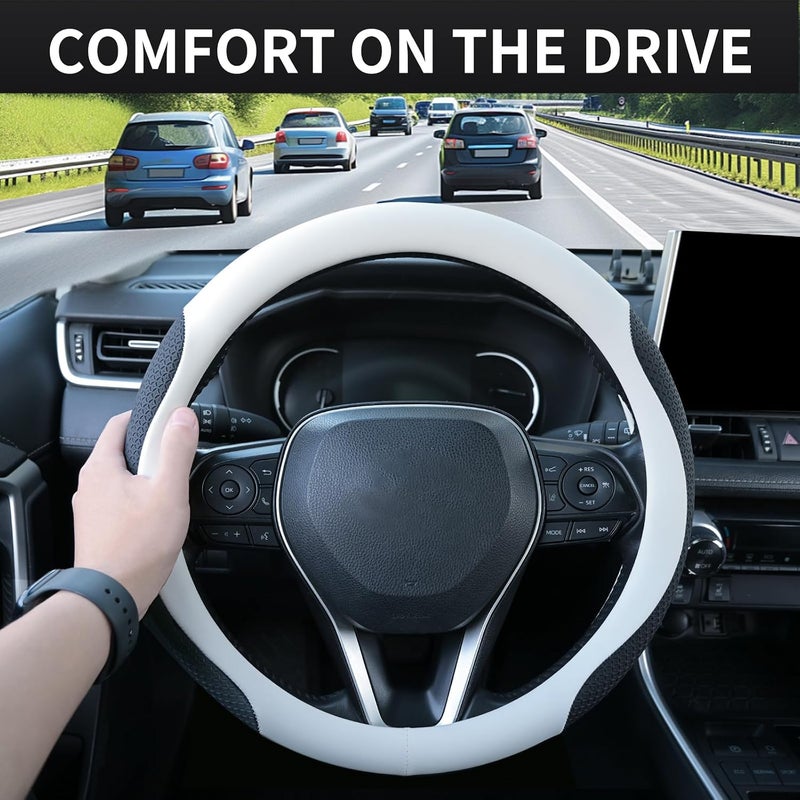 Uxcer Nappa Leather Steering Wheel Cover, Universal 14.5–15 Inch Non-Slip Breathable Steering Wheel Cover for Cars, White - Image 4