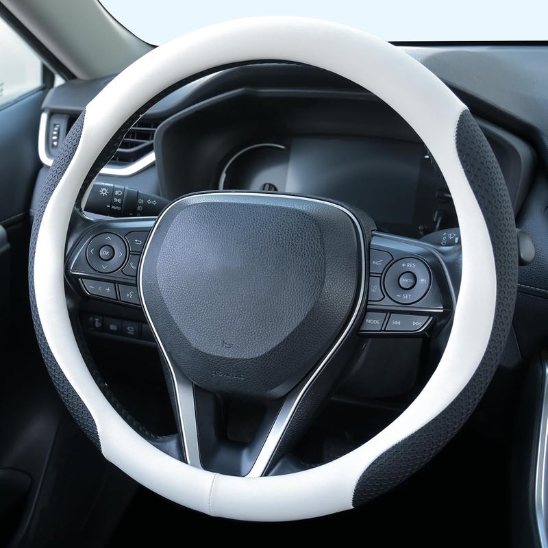Uxcer Nappa Leather Steering Wheel Cover, Universal 14.5–15 Inch Non-Slip Breathable Steering Wheel Cover for Cars, White - Image 1