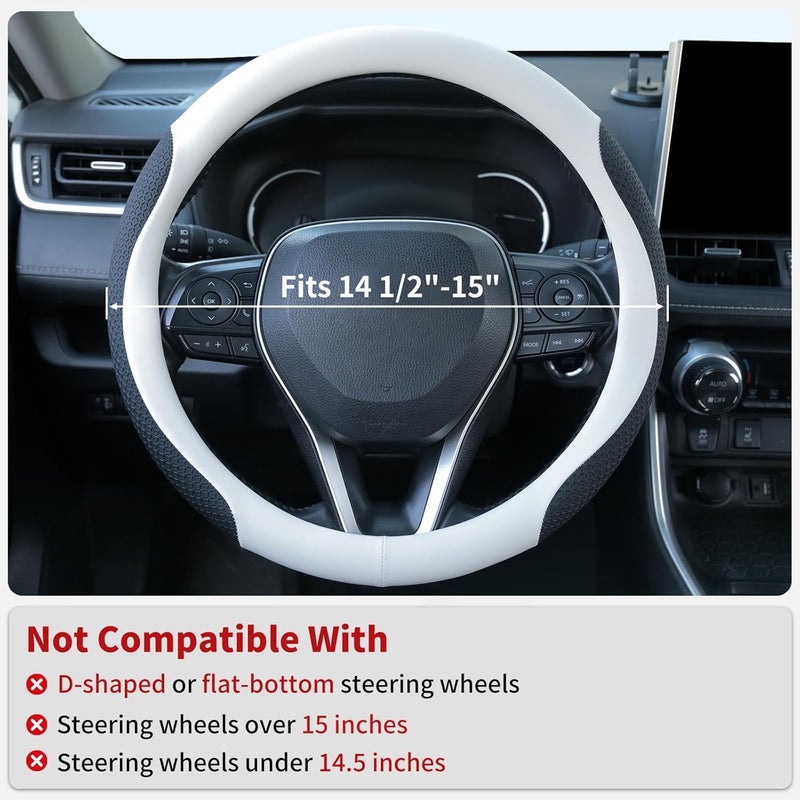 Uxcer Nappa Leather Steering Wheel Cover, Universal 14.5–15 Inch Non-Slip Breathable Steering Wheel Cover for Cars, White - Image 2