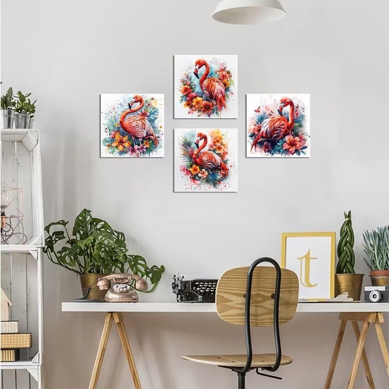 Wall HDQ Flamingo Wall Decor Animal Pictures Floral Pink Plant for Kids Girls Room Decor Framed Posters Paintings Bedroom Office Home Decor 4 Pieces - Image 2
