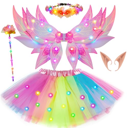 G.C GC 6pcs Girls Fairy Wings Costume Kids Toddler Light Up LED Butterfly Wings with Fairy Ears Wand Crown Tutu Halloween Princess Dress Up Gifts Pink - Image 1