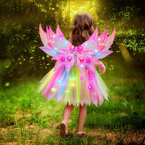G.C GC 6pcs Girls Fairy Wings Costume Kids Toddler Light Up LED Butterfly Wings with Fairy Ears Wand Crown Tutu Halloween Princess Dress Up Gifts Pink - Image 5