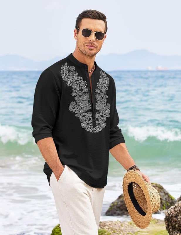 FINIVO FASHION Men’s Cotton Blend Short Kurta with Full Sleeves and Ethnic Neck Design | Casual Crinkle Texture Kurta with Mandarin Collar Black - Image 2