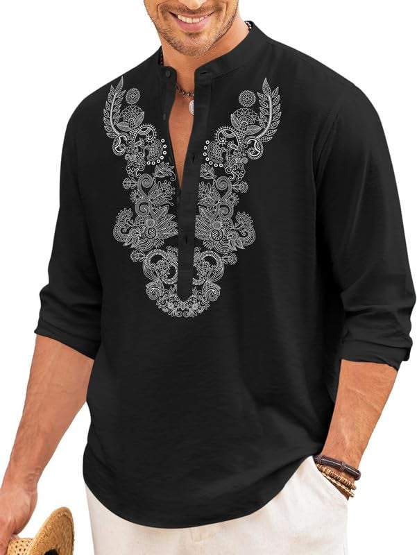 FINIVO FASHION Men’s Cotton Blend Short Kurta with Full Sleeves and Ethnic Neck Design | Casual Crinkle Texture Kurta with Mandarin Collar Black - Image 1