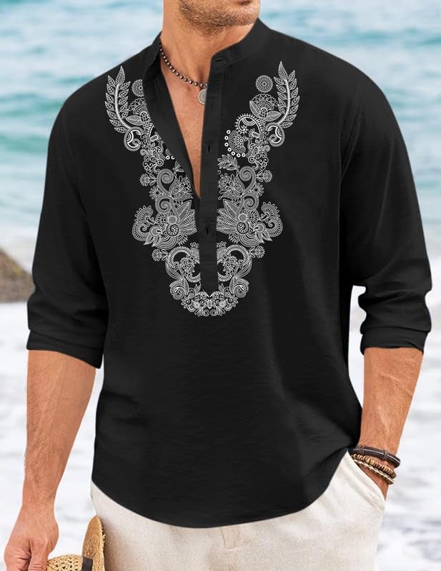 FINIVO FASHION Men’s Cotton Blend Short Kurta with Full Sleeves and Ethnic Neck Design | Casual Crinkle Texture Kurta with Mandarin Collar Black - Image 4