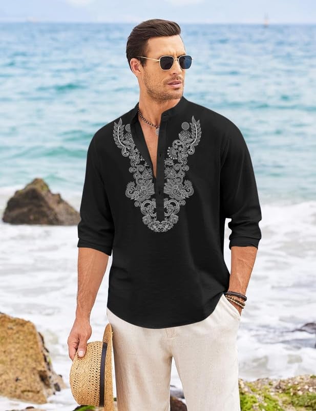 FINIVO FASHION Men’s Cotton Blend Short Kurta with Full Sleeves and Ethnic Neck Design | Casual Crinkle Texture Kurta with Mandarin Collar Black - Image 3