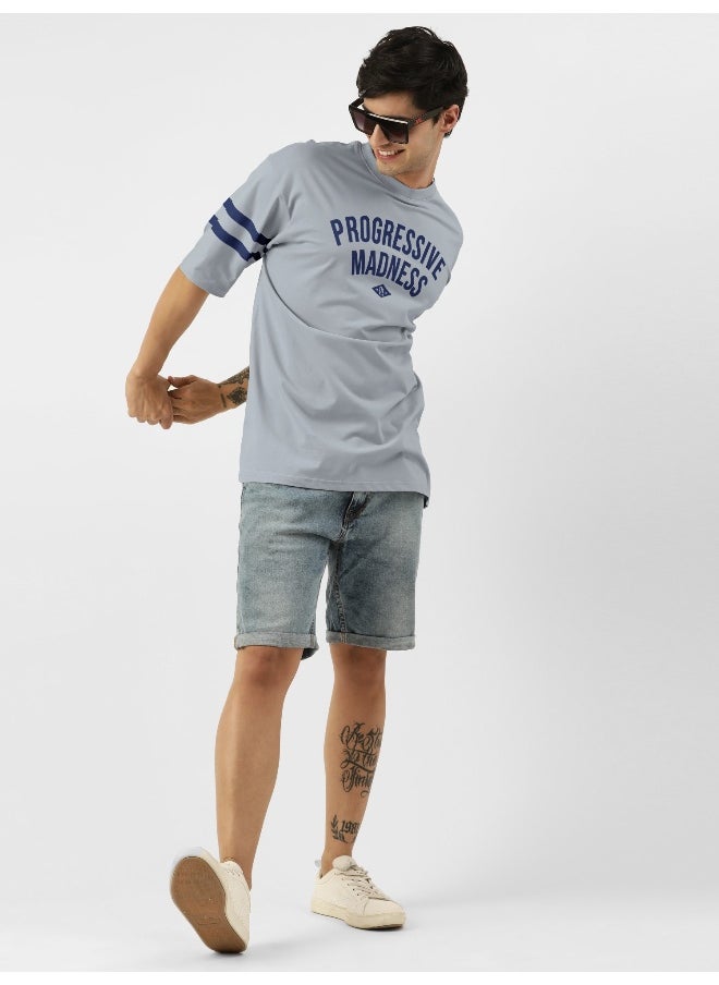 Maniac Mens Printed Round Neck 3/4th Sleeve Light Grey and Navy Cotton Oversized T-Shirt  - Image 5