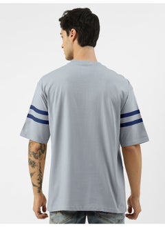 Maniac Mens Printed Round Neck 3/4th Sleeve Light Grey and Navy Cotton Oversized T-Shirt  - Image 2