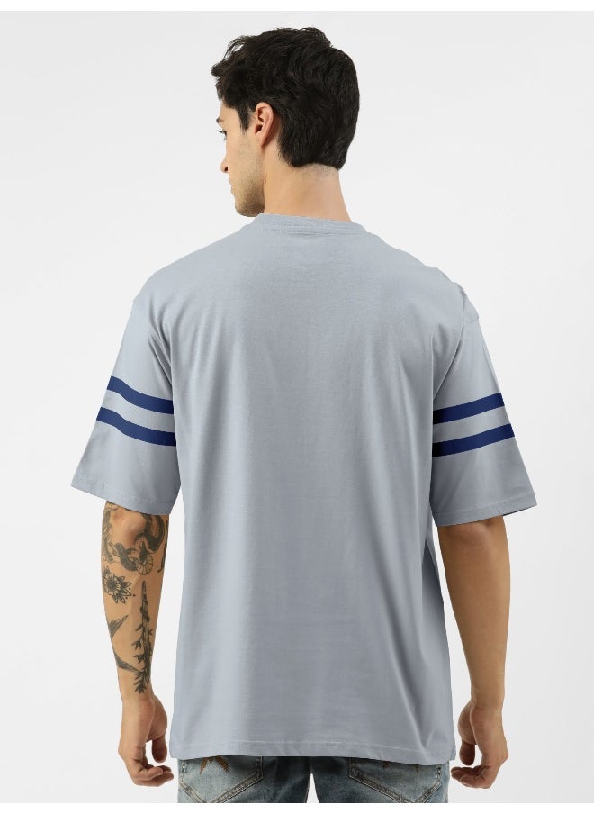 Maniac Mens Printed Round Neck 3/4th Sleeve Light Grey and Navy Cotton Oversized T-Shirt  - Image 2