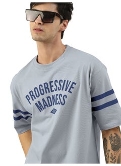 Maniac Mens Printed Round Neck 3/4th Sleeve Light Grey and Navy Cotton Oversized T-Shirt  - Image 3