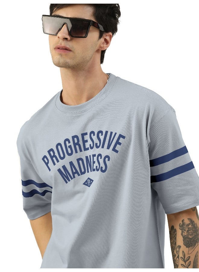 Maniac Mens Printed Round Neck 3/4th Sleeve Light Grey and Navy Cotton Oversized T-Shirt  - Image 3