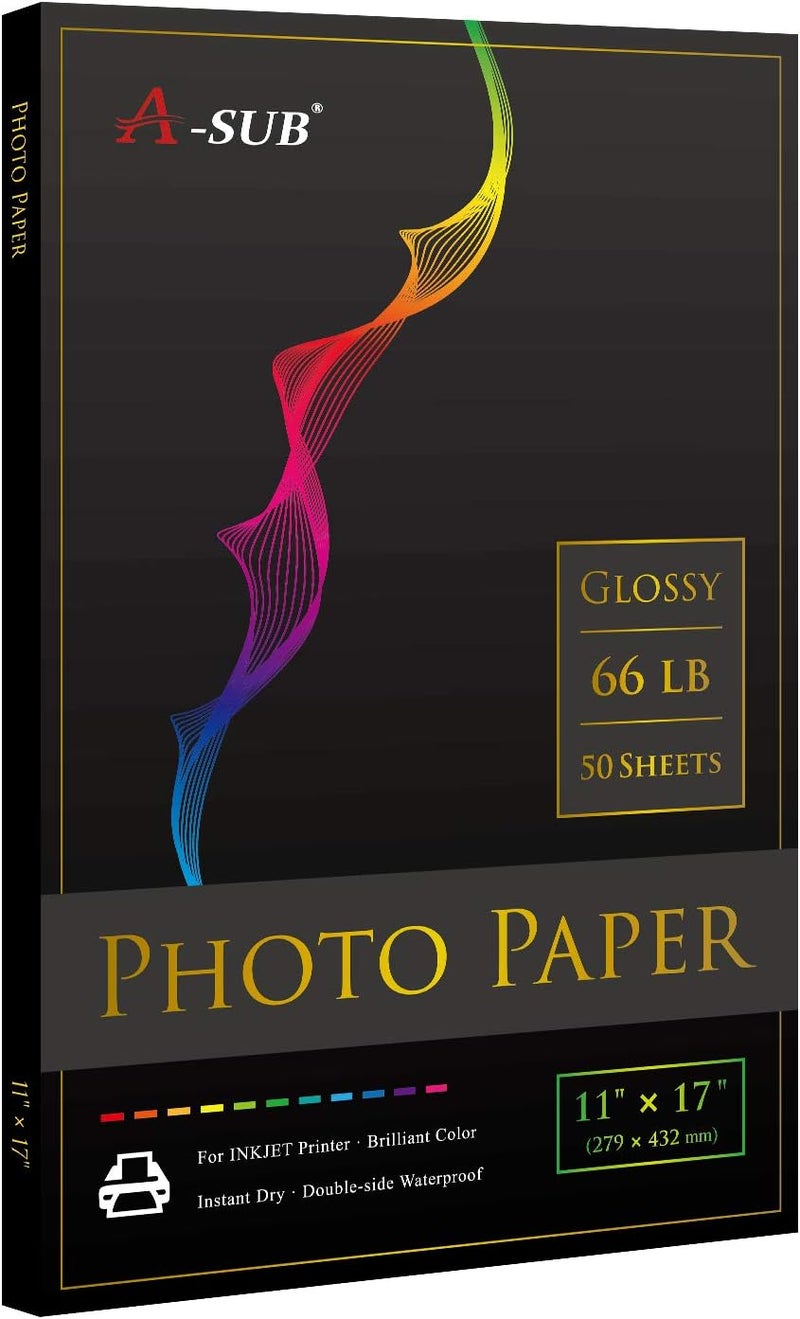 A-SUB Premium Photo Paper High Glossy 11x17 Inch 66lb for Inkjet Printers 50 Sheets, Single Sided - Image 1