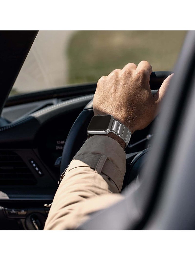 كاست ويف أشرطة معدنية متوافقة مع ساعة Apple Watch مقاس 45 مم/44 مم، أشرطة بديلة معدنية مغناطيسية لساعة iWatch، حزام من الفولاذ المقاوم للصدأ لسلسلة Apple Watch Series 7/6/5/4/SE (فضي) - Image 4