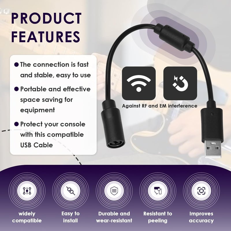 SWIUKPHE 3 قطع كابل USB قابل للفصل لجهاز Xbox 360، متوافق مع كابل Rocksmith Real Tone، محول كابل USB لوحدة تحكم Xbox، لجهاز Guitar Hero Dongle لـ Logitech G920، لعجلة سباق Thrustmaster 458 Spider - Image 3