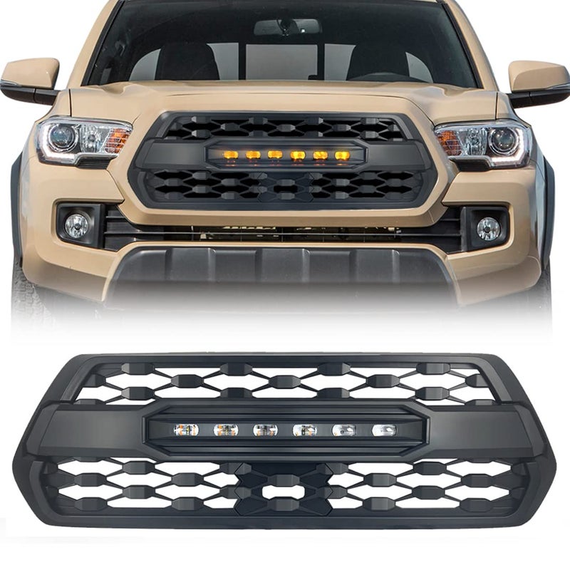 MEGAIE TRD Pro Style Grille Compatible with Tacoma 2016 2017 2018 2019 2020 2021, Matte Black Front Grill with LED Off-Road Lights, Not for Trucks w/Radar Behind Emblem - Image 1