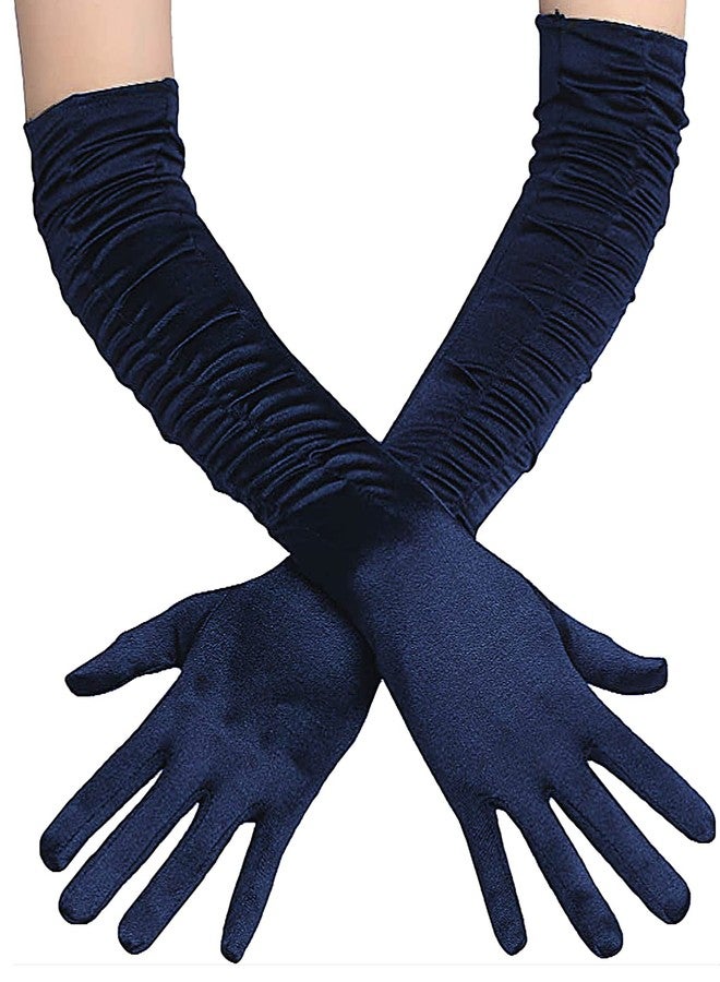Deceny CB Party Gloves for Women Long Satin Opera Gloves Shirred Elbow Gloves (Navy Blue, Normal Size) - Image 1
