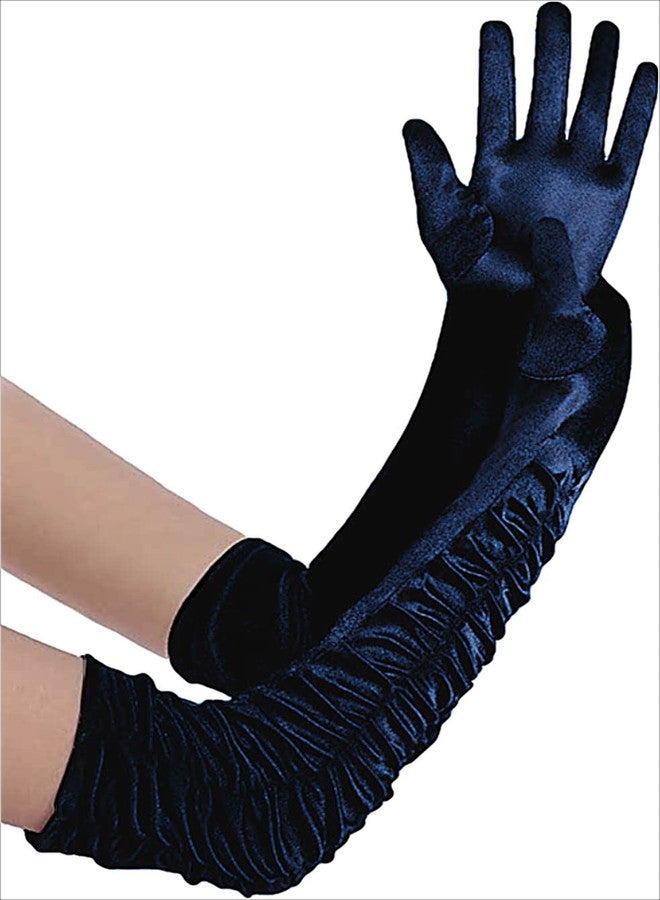 Deceny CB Party Gloves for Women Long Satin Opera Gloves Shirred Elbow Gloves (Navy Blue, Normal Size) - Image 2