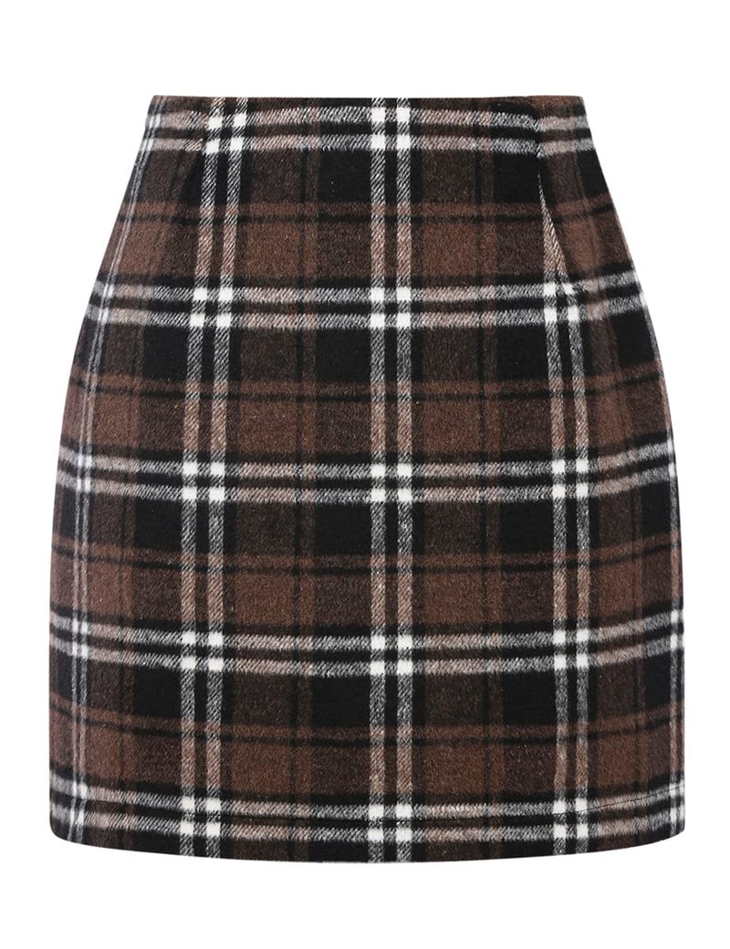 IDEALSANXUN Womens High Waist Plaid Skirt Bodycon Pencil Wool Mini Skirts(Coffee, L) - Image 1