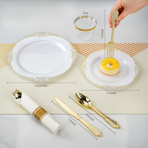 Bestluck 175PCS Gold Plastic Plates for 25 Guests, Disposable Dinnerware Sets Include 50 Gold Rim Plastic Plates, 25 Silverwares, 25 Cups, and 25 Pre Rolled Napkins for Party, Wedding and Graduation - Image 2