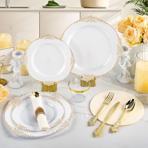 Bestluck 175PCS Gold Plastic Plates for 25 Guests, Disposable Dinnerware Sets Include 50 Gold Rim Plastic Plates, 25 Silverwares, 25 Cups, and 25 Pre Rolled Napkins for Party, Wedding and Graduation - Image 4