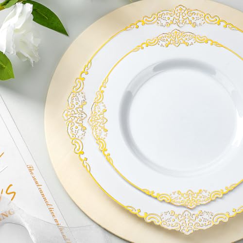 Bestluck 175PCS Gold Plastic Plates for 25 Guests, Disposable Dinnerware Sets Include 50 Gold Rim Plastic Plates, 25 Silverwares, 25 Cups, and 25 Pre Rolled Napkins for Party, Wedding and Graduation - Image 3