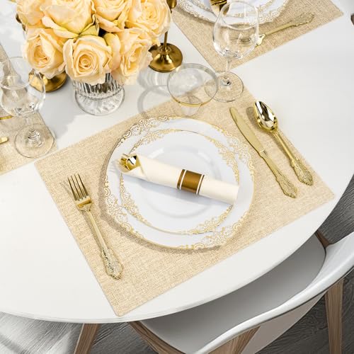 Bestluck 175PCS Gold Plastic Plates for 25 Guests, Disposable Dinnerware Sets Include 50 Gold Rim Plastic Plates, 25 Silverwares, 25 Cups, and 25 Pre Rolled Napkins for Party, Wedding and Graduation - Image 5