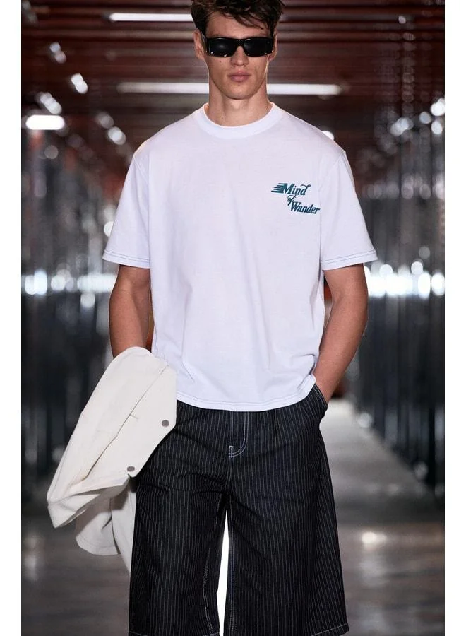GRIMELANGE FARID Men's 100% Organic Cotton Printed Detailed Round Neck Regular Fit White T-Shirt.