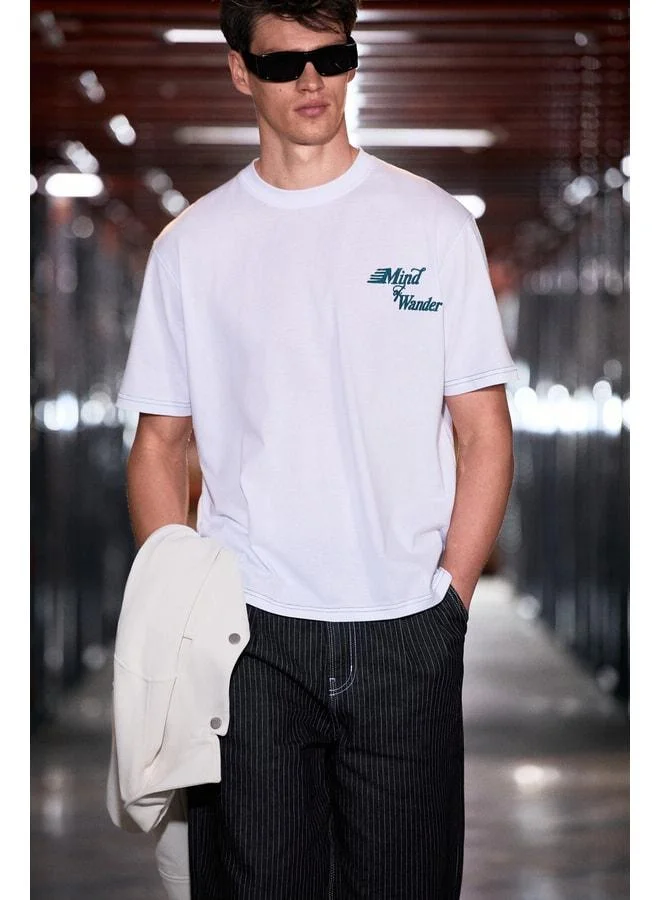 GRIMELANGE FARID Men's 100% Organic Cotton Printed Detailed Round Neck Regular Fit White T-Shirt.