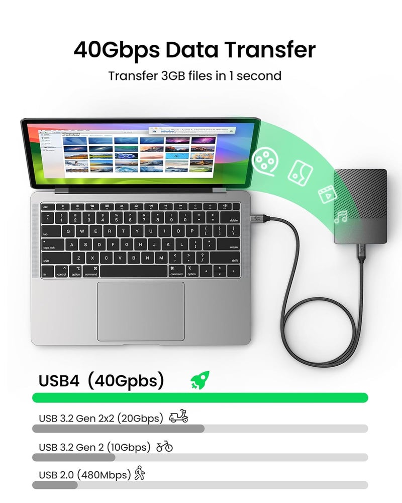 سيلكلاند كابل Silkland USB4، متوافق مع كابل ثندربولت 4، [مزامنة بيانات بسرعة 40 جيجابت/ثانية، 8K/6K/5K@60 هرتز 4K@144 هرتز، شحن سريع بقدرة 240 واط PD3.1]، كابل USB-C ثندربولت لـ MacBook Pro و PSSD و قاعدة توصيل و شاشة (3 متر) - Image 3