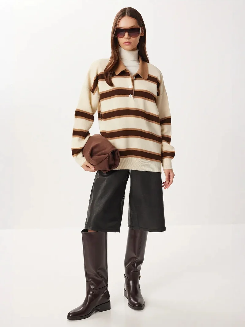 Lovely Istanbul ISTANBUL Striped Polo Collar Knit Sweater
