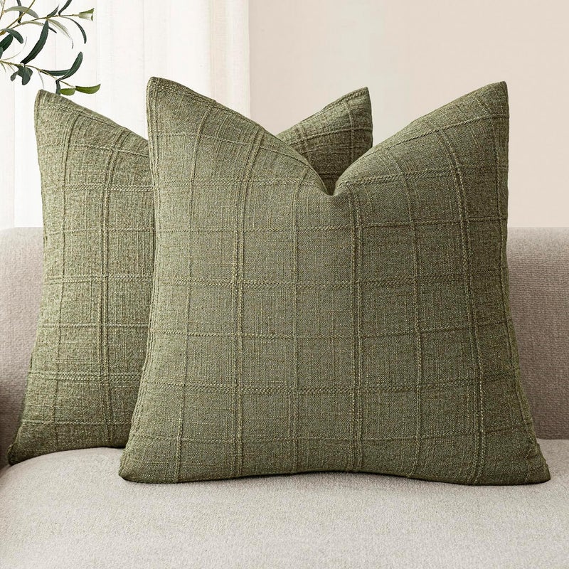 Foindtower Set of 2 Decorative Linen Check Throw Pillow Covers Neutral Farmhouse Vintage Cushion Covers Modern Boho Home Decor for Sofa Chair Couch Bedroom Living Room,18×18 Inch,Sage Green - Image 1