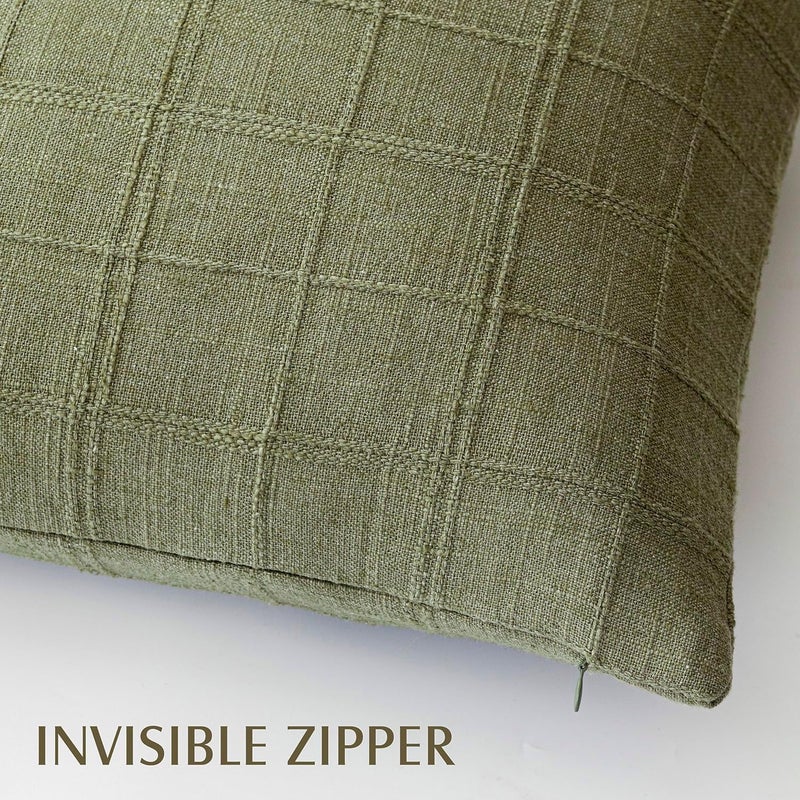Foindtower Set of 2 Decorative Linen Check Throw Pillow Covers Neutral Farmhouse Vintage Cushion Covers Modern Boho Home Decor for Sofa Chair Couch Bedroom Living Room,18×18 Inch,Sage Green - Image 3