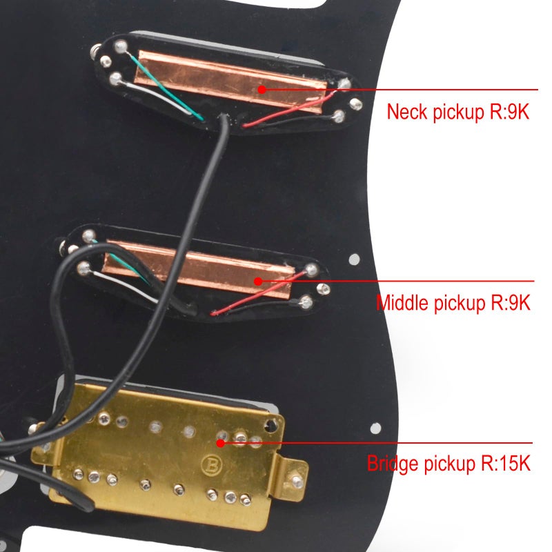 SAPHUE SSH-Coil Splitting Electric Guitar Pickguard Two Mini Humbucker + ONE Humbucker(9K/9K/15K)+Silence Switch Loaded Prewired Scratchplate (Black-Black) - Image 4