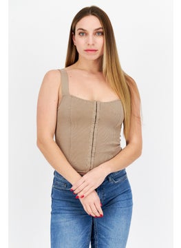BB Dakota by Steve Madden Women Square Neck Sleeveless Jersey Ribbed Tops, Dark Khaki  - Image 1