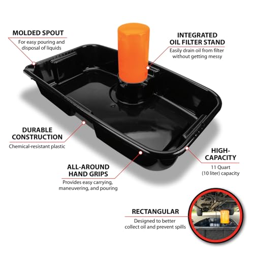 Performance Tool W4079 11-Quart Oil Drain Pan, Chemical-Resistant, Oil Filter Stand, Black - Image 2