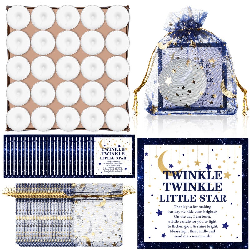50 Sets Twinkle Twinkle Baby Shower Candle Favors 50 Pcs Tealight Candles for Guests with 50 Moon Star Organza Bags and 50 Little Star Thank You Tags for Baby Gender RevealDark Blue