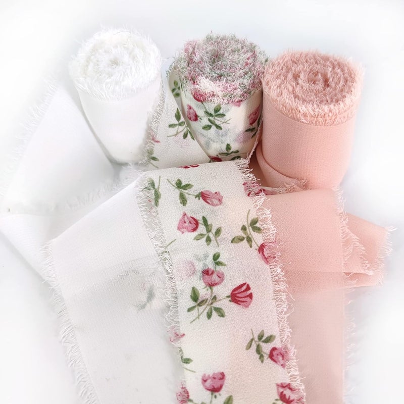 Mybbshower شريط شيفون مزخرف من Mybbshower 15 × 15 ياردة 3 لفات 5 ياردة لدعوات الزفاف وباقات العرائس وزينة الغارلاند DIY وتغليف الهدايا وصنع الأشرطة باللون الوردي والأبيض - Image 1