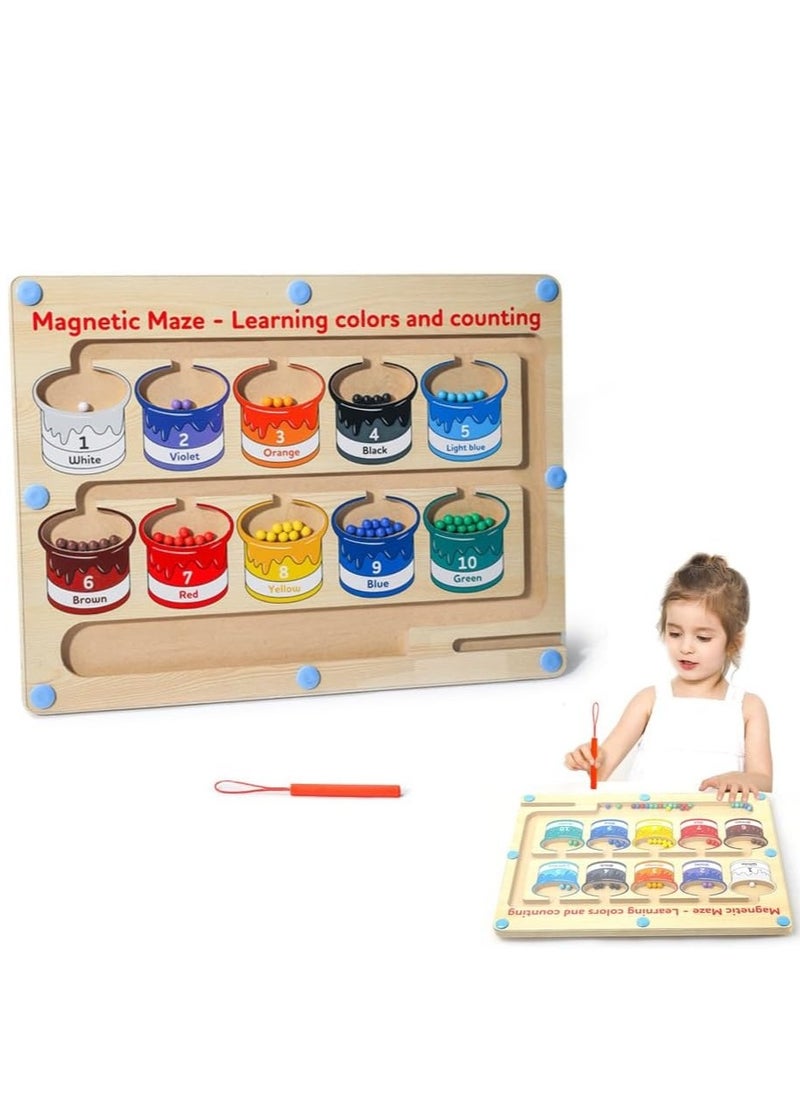 FUSIONPULSE Montessori Toys, Magnetic Color and Number Maze Toys, Wooden Puzzle Activity Board, Toddler Fine Motor Skills Toy, Learning Toys for Boys Girls 3 4 5 Years Old  - Image 1