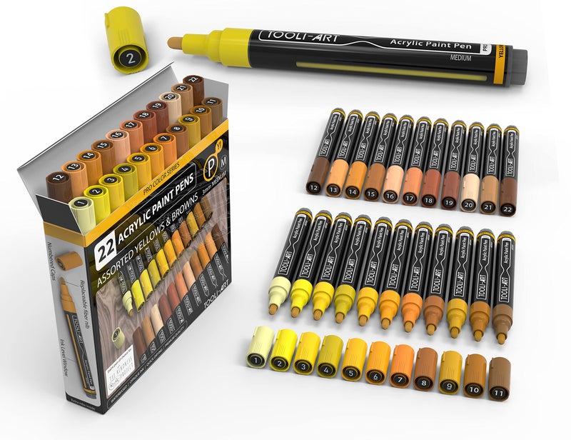 TOOLI-ART TOOLIART 22 Acrylic Paint Markers Paint Pens Pro Color Series Set 3mm Medium Tip for Rock Painting Glass Mugs Wood Metal Glass Paint Canvas DIY Non Toxic Waterbased Quick Drying YELLOWS - Image 2