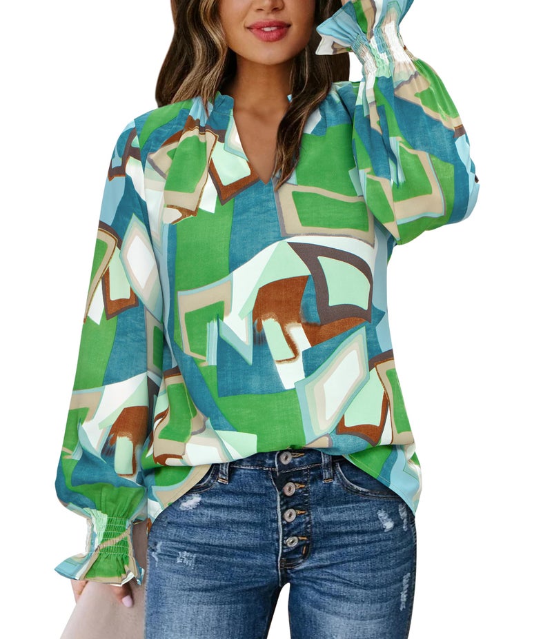 MASCOMODA Womens V Neck Floral Long Sleeve Tops 2026 Summer Casual Loose Puff Sleeve Chiffon Boho Work Blouse Dressy T Shirts(Green Watercolour,X-Large) - Image 3