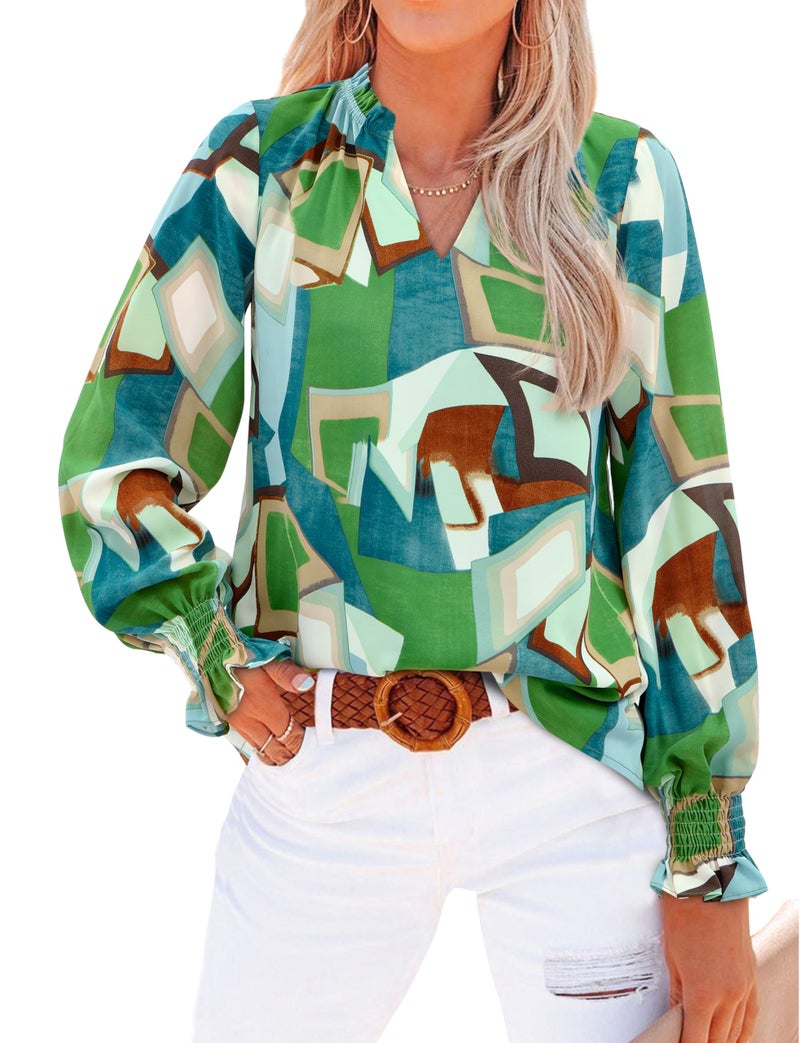 MASCOMODA Womens V Neck Floral Long Sleeve Tops 2026 Summer Casual Loose Puff Sleeve Chiffon Boho Work Blouse Dressy T Shirts(Green Watercolour,X-Large) - Image 1
