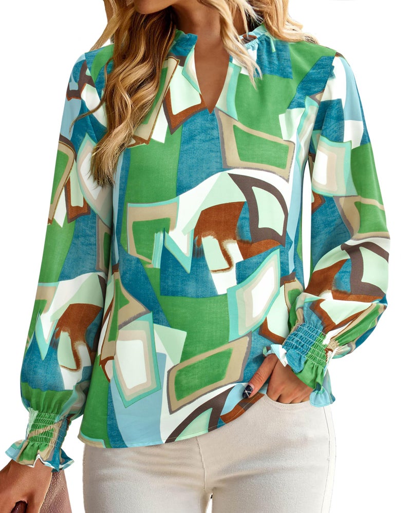 MASCOMODA Womens V Neck Floral Long Sleeve Tops 2026 Summer Casual Loose Puff Sleeve Chiffon Boho Work Blouse Dressy T Shirts(Green Watercolour,X-Large) - Image 5