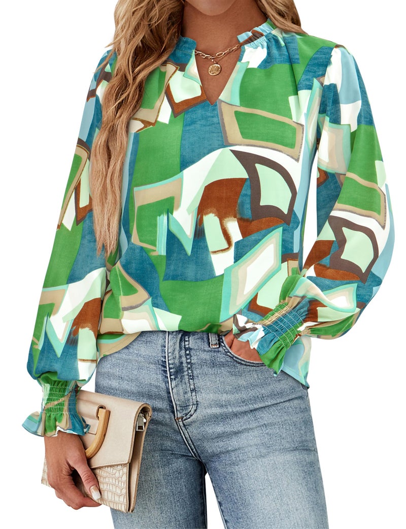 MASCOMODA Womens V Neck Floral Long Sleeve Tops 2026 Summer Casual Loose Puff Sleeve Chiffon Boho Work Blouse Dressy T Shirts(Green Watercolour,X-Large) - Image 2