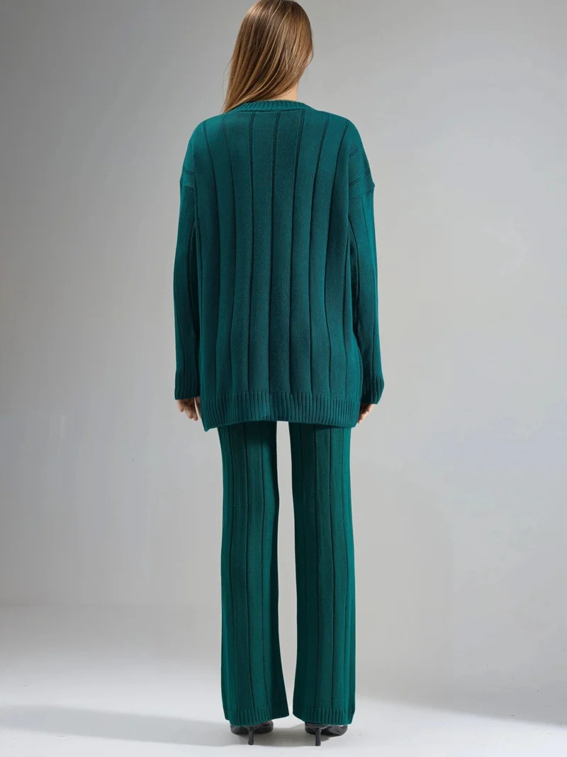 My Fashion Pine Green MY FASHION Textured Knit Co-ords with V-Neck Cardigan and Wide Leg Pants for Women | Best Price UAE