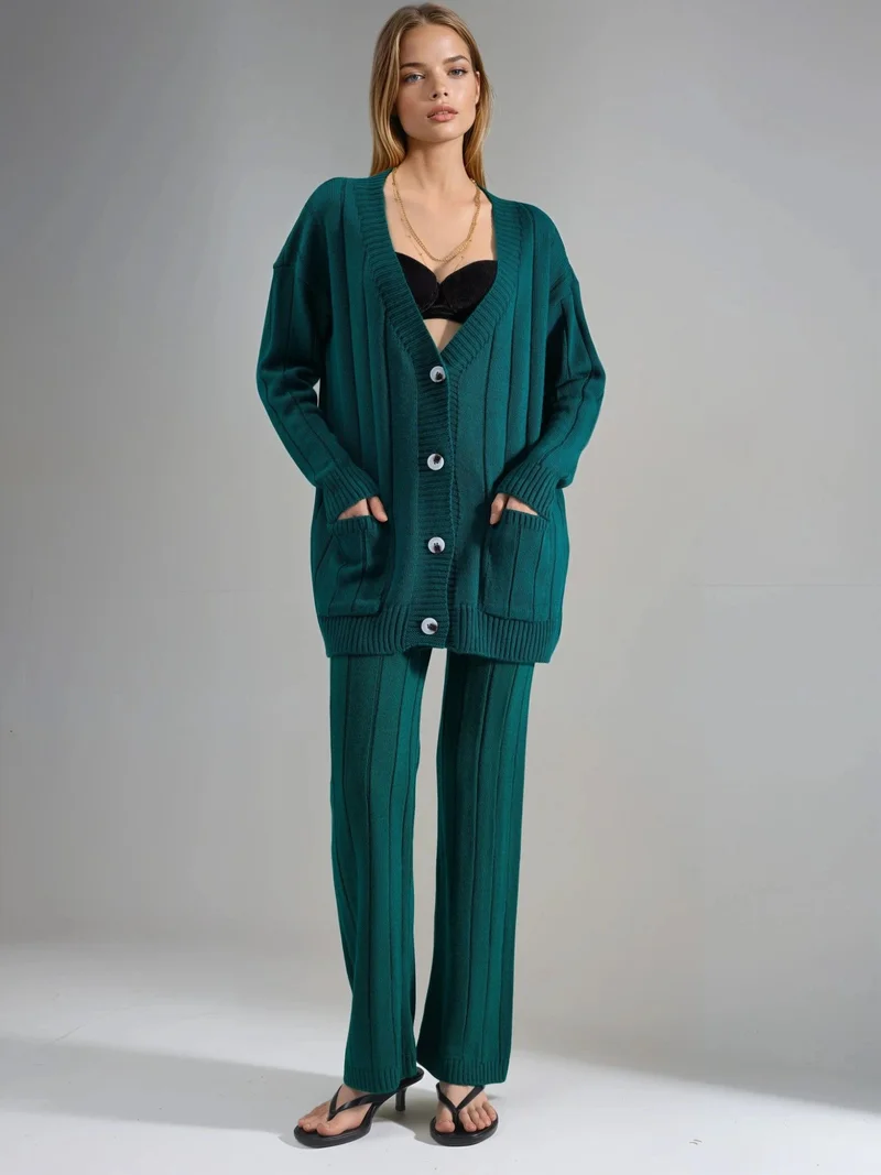 ماي فاشن MY FASHION Textured Knit Co-ords with V-Neck Cardigan and Wide Leg Pants