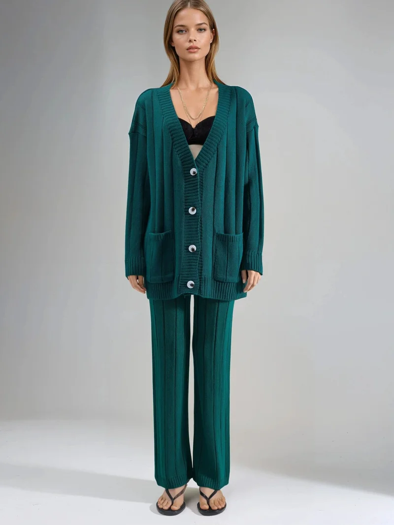 My Fashion Pine Green MY FASHION Textured Knit Co-ords with V-Neck Cardigan and Wide Leg Pants for Women | Best Price UAE