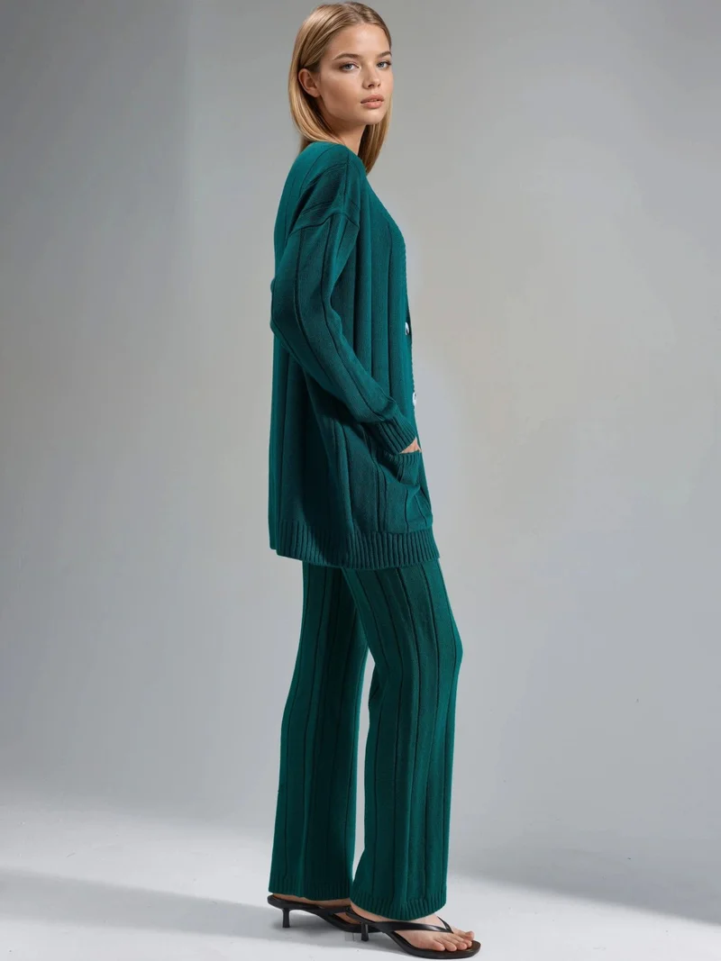 ماي فاشن MY FASHION Textured Knit Co-ords with V-Neck Cardigan and Wide Leg Pants