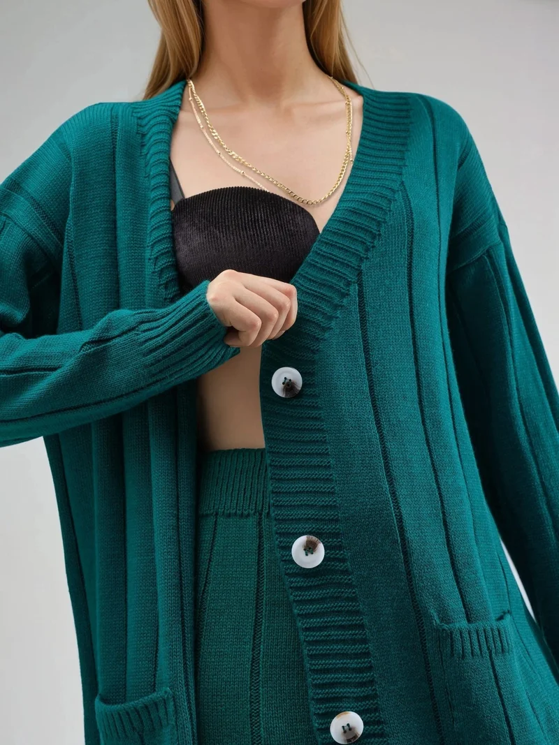My Fashion Pine Green MY FASHION Textured Knit Co-ords with V-Neck Cardigan and Wide Leg Pants for Women | Best Price UAE